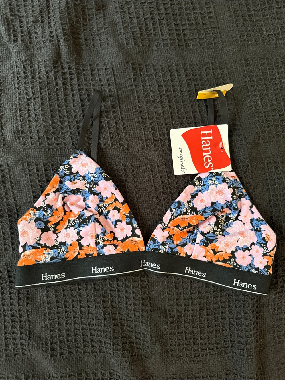 Hanes Floral Wireless Bralette - Black with Pink & Orange Flowers